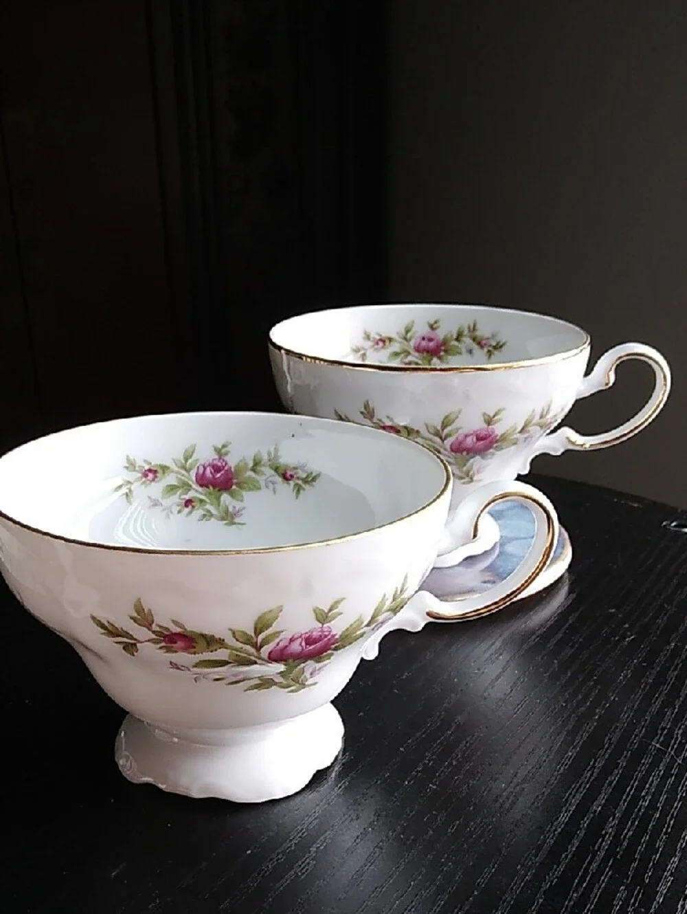 Johann Haviland Vintage White Porcelain Teacups with Pink Rose Motif Gold Trim